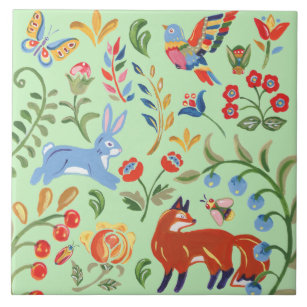 Folk Art Green Animal Woodland Floral Fox Rabbit Tile