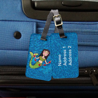 Folk Art Green Mermaid String of Red Hearts Luggage Tag