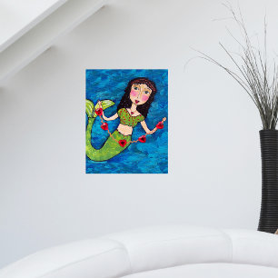 Folk Art Green Mermaid String of Red Hearts Poster