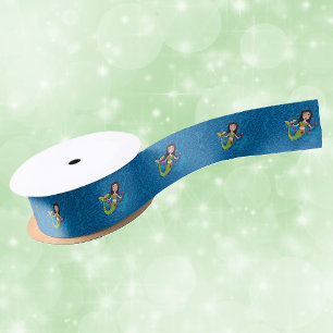 Folk Art Green Mermaid String of Red Hearts Satin Ribbon