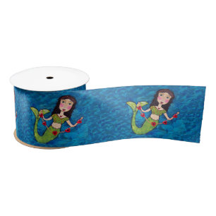 Folk Art Green Mermaid String of Red Hearts Satin Ribbon