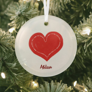 Folk art hand drawn Valentine red heart with name Glass Ornament