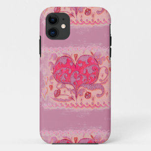 Folk Art Heart with leaves and flowers iPhone 11 Case