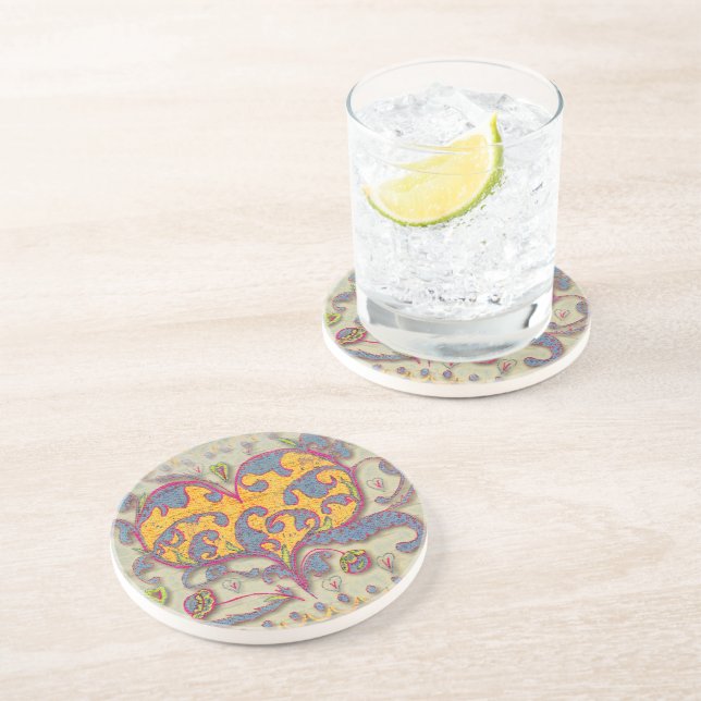 Folk Art Heart with leaves and flowers Coaster (Side)