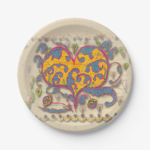 Folk Art Heart with leaves and flowers Dinner Plat Paper Plate