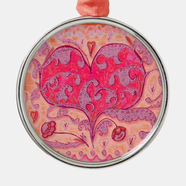Folk Art Heart with leaves and flowers Metal Ornament (Front)