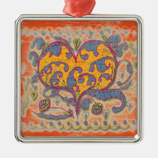 Folk Art Heart with leaves and flowers Metal Ornament (Front)