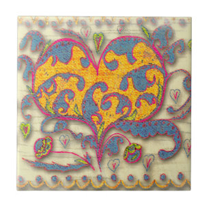 Folk Art Heart with leaves and flowers Tile