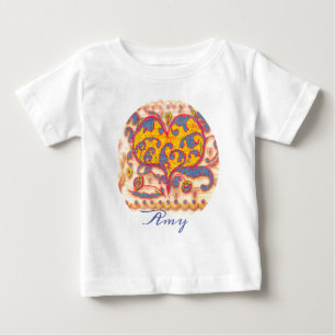 Folk Art Heart with leaves, flowers & name Baby T-Shirt