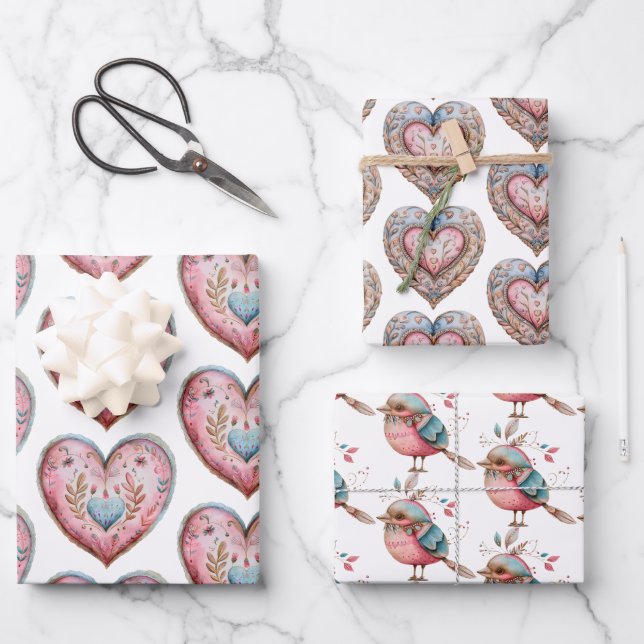 Folk Art Heart Wrapping Paper Romantic Bird  (Front)