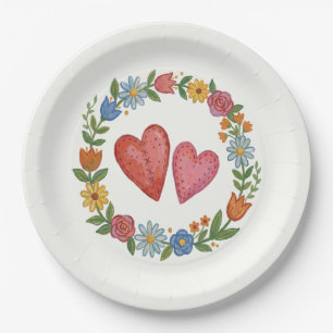 Folk Art Hearts & Floral Wreath: Rustic Wedding Paper Plate