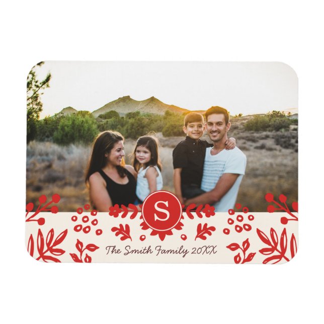 Folk Art Holiday Monogram Photo Magnet (Horizontal)