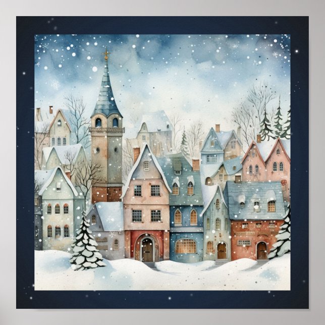 Folk Art Houses Snow Trees Poster (Front)