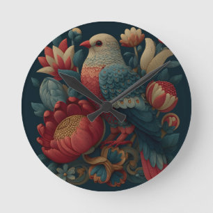 Folk Art Illustration of a Bird Among Vibrant Flow Round Clock