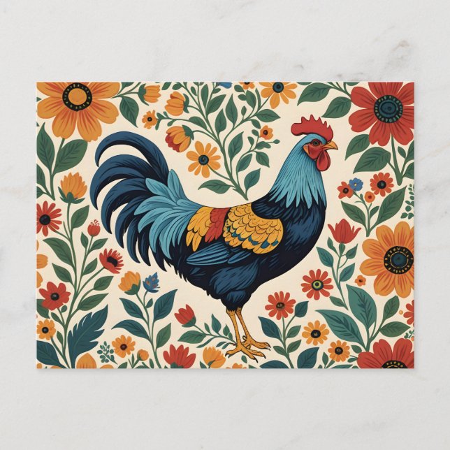 Folk Art Indigo Rooster Postcard (Front)
