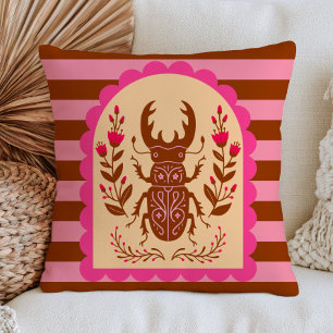 Folk Art Insect Illustration on Stripes Floral Bug Throw Pillow
