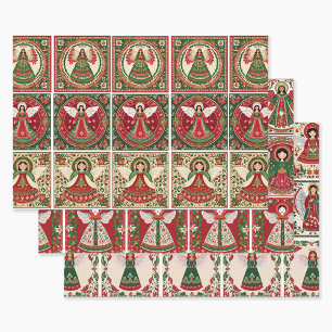 Folk Art Inspired Angels at Christmas 3 Wrapping Paper Sheet