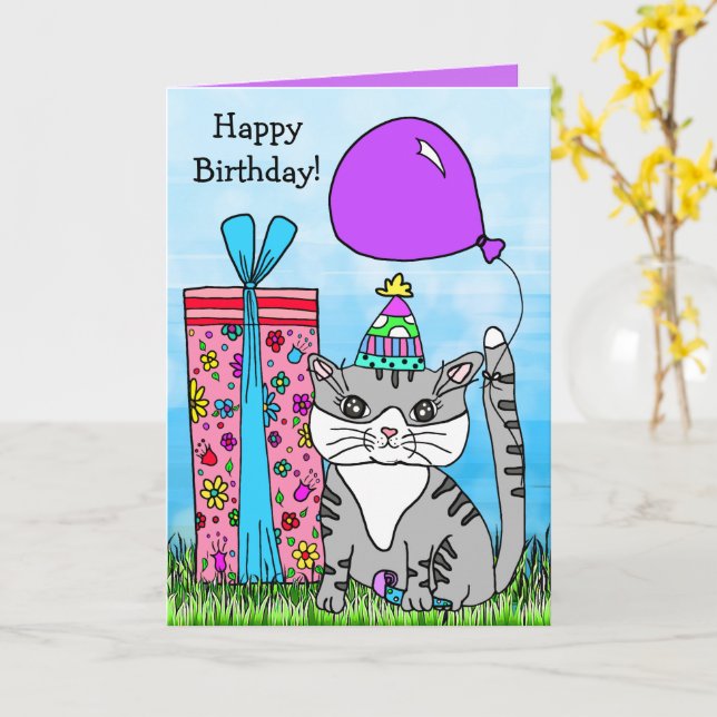 Folk Art Kitty Cat Happy Birthday Card (Yellow Flower)