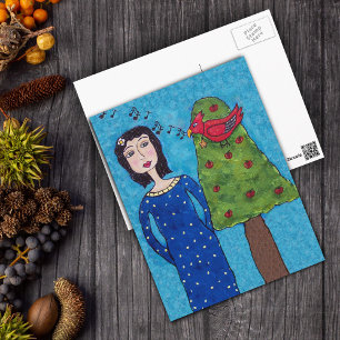 Folk Art Lady Apple Tree Red Bird Musical Notes Postcard