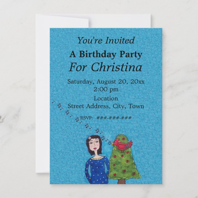 Folk Art Lady Apple Tree Singing Red Bird Blue Invitation (Front)