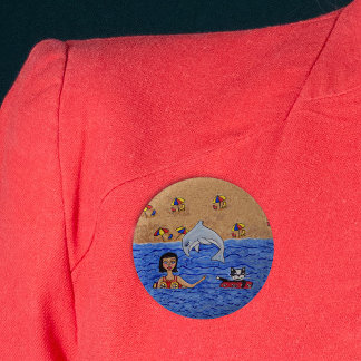 Folk Art Lady Cat Beach Ocean Dolphin Swimming 2 Inch Round Button