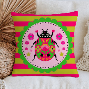 Folk Art Ladybug Pink& Green Stripes Floral Bug Throw Pillow