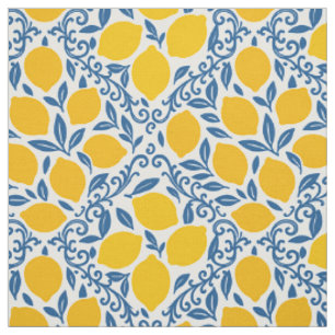 Folk Art Lemon Block Print in Gold & Blue  Fabric