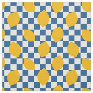 Folk Art Lemon on Chequerboard in Gold & Blue Fabric