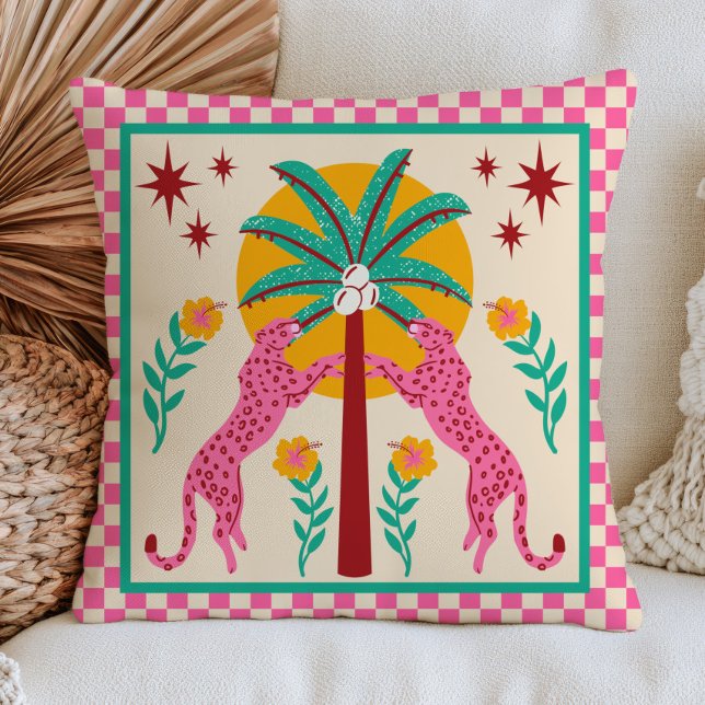 Folk Art Leopards with Palm Tree Chequered BOHO  Throw Pillow (Creator Uploaded)
