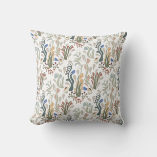 Folk Art Meadow & Blue Bird in Earth Tones Throw Pillow