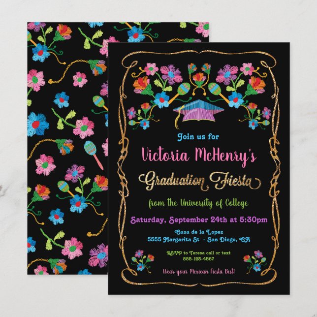 Folk Art Mexicaine Fiesta Graduation Invitation (Devant / Derrière)