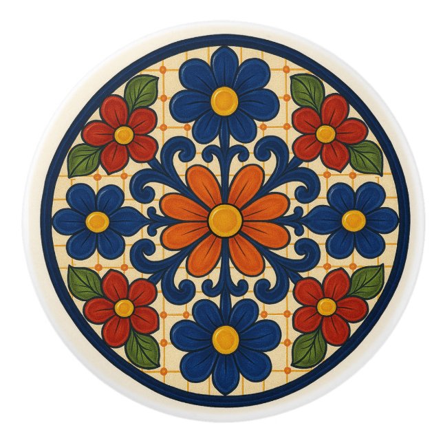 Folk Art Mexican Talavera Floral Ceramic Knob (Front)