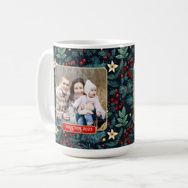 Folk Art Mistletoe Holly Berries Christmas Photo Coffee Mug (Front Left)