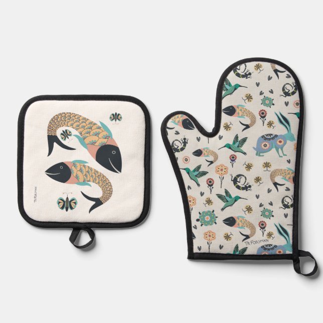 Folk art mitt and fish art pot holder oven mitt & pot holder set (Front)