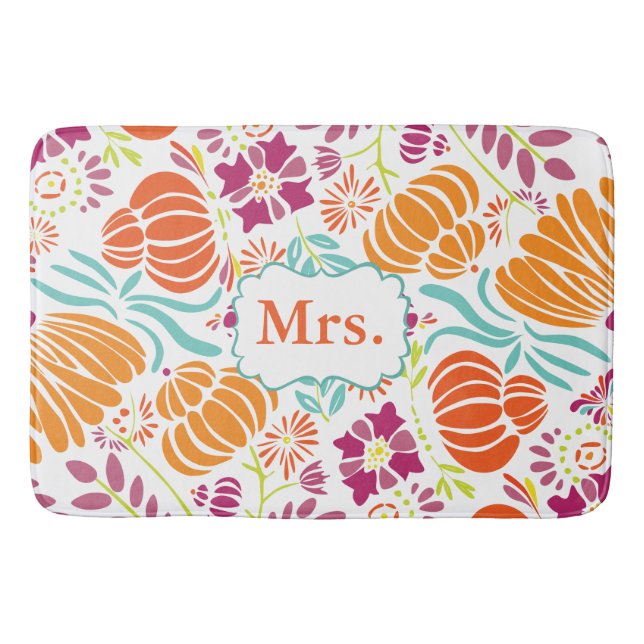 Folk Art Monogram Floral Mrs. or Personalize Bath Mat (Front)