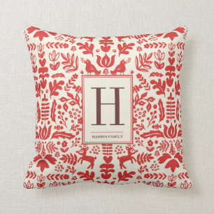 Folk Art Monogram Holiday Throw Pillow