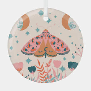 Folk Art Moths: Bright Vintage Illustration Glass Ornament