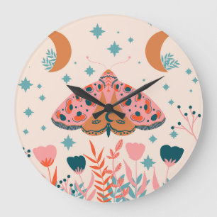 Folk Art Moths: Bright Vintage Illustration Large Clock