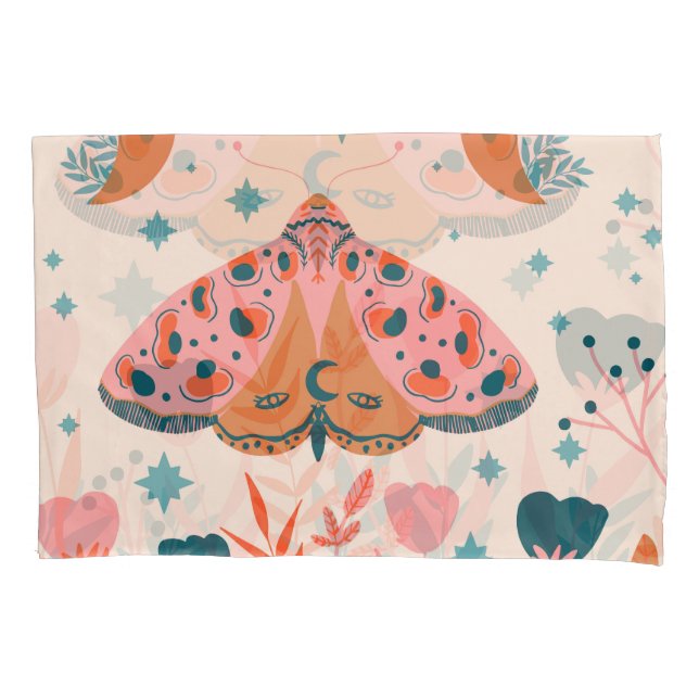 Folk Art Moths: Bright Vintage Illustration Pillowcase (Front)