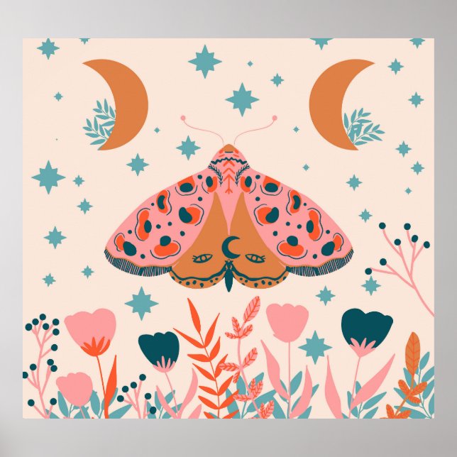 Folk Art Moths: Bright Vintage Illustration Poster (Front)