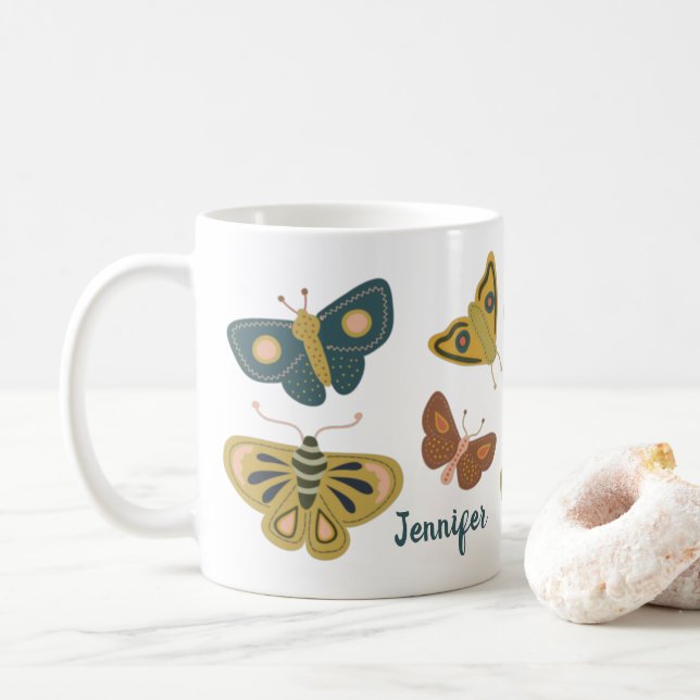 Folk Art Moths Butterflies Collage Personalized Coffee Mug (With Donut)