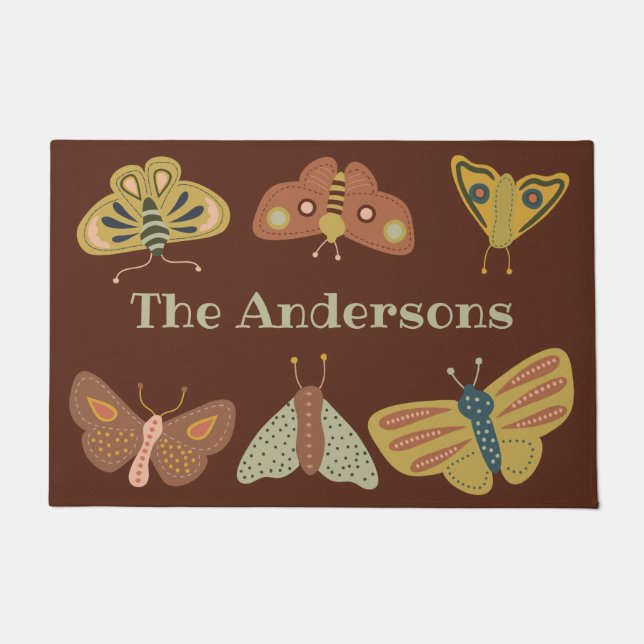 Folk Art Moths Butterflies on Brown Personalized Doormat (Front)