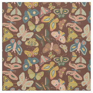 Folk Art Moths Butterflies Pink Blue Brown Fabric
