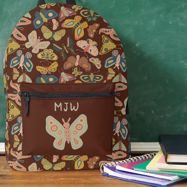 Folk Art Moths Butterflies Pink Blue Brown Printed Backpack (Creator Uploaded)