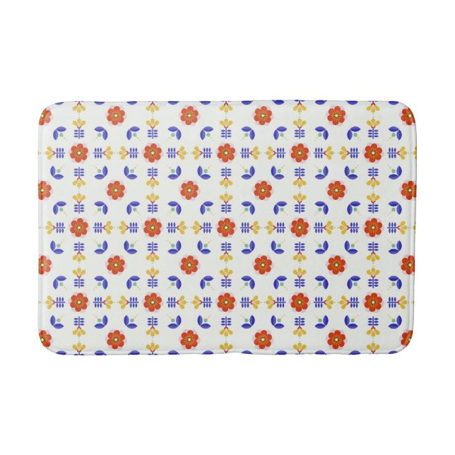 Folk Art Neon Flower Geometric Pattern Bath Mat (Front)
