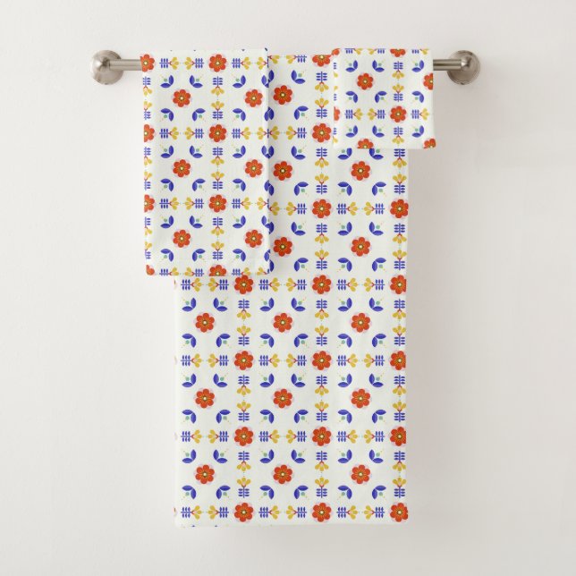 Folk Art Neon Flower Geometric Pattern Bath Towel Set (Insitu)