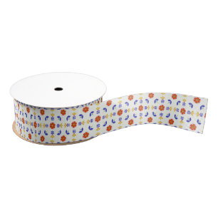 Folk Art Neon Flower Geometric Pattern Grosgrain Ribbon