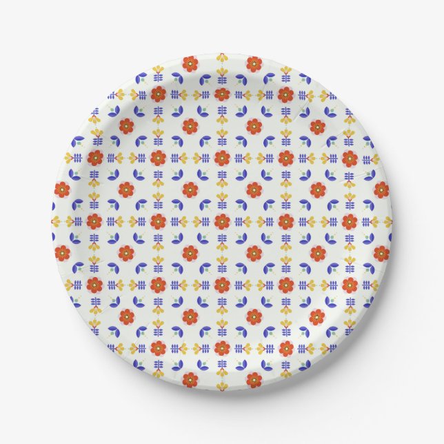 Folk Art Neon Flower Geometric Pattern Paper Plate (Front)