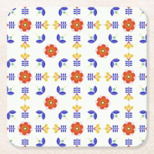 Folk Art Neon Flower Geometric Pattern Square Paper Coaster