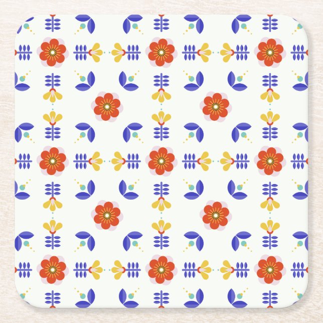 Folk Art Neon Flower Geometric Pattern Square Paper Coaster (Front)